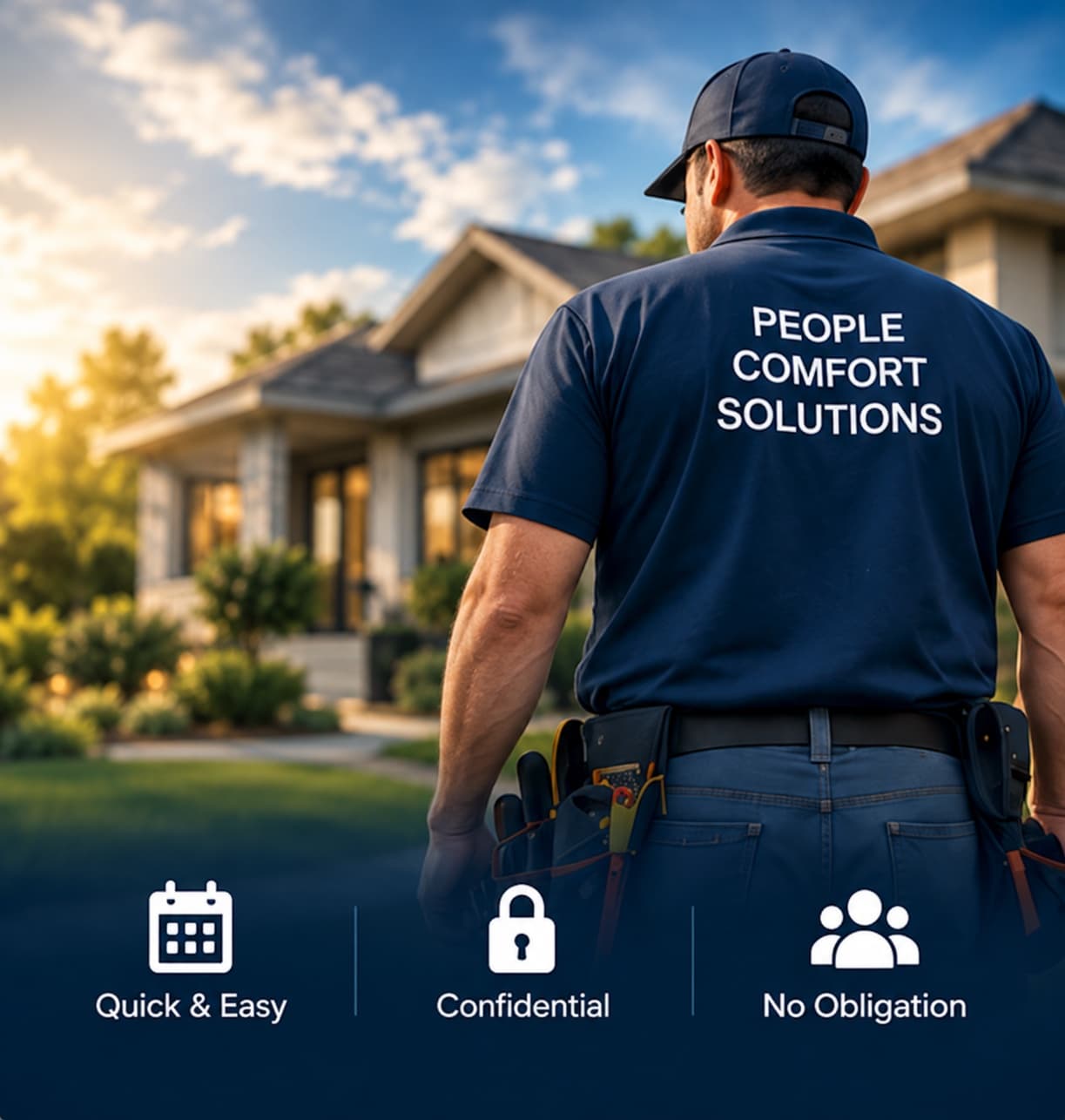A home service technician seen from behind, walking toward a home at sunset. Quick and easy, confidential, no obligation.