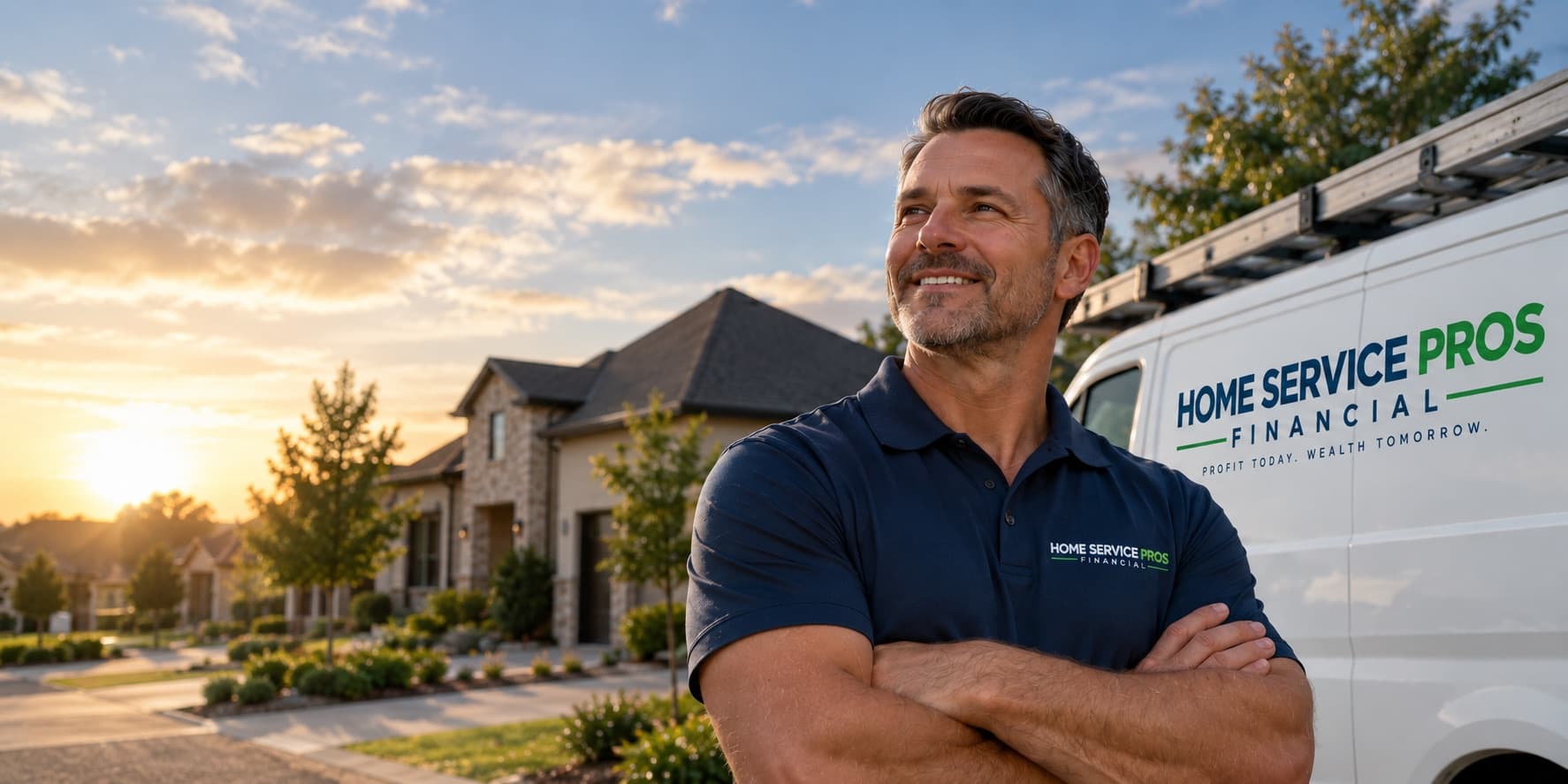 A Home Service Professional business owner standing with arms folded in front of a branded Home Service Pros Financial service van at sunset.